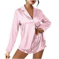 thumbnail image 1 of Qertyioot Tendances Femmes Ensemble de Pyjama Décontracté Ample Col en V Rayé Manches Longues + Shorts, 1 of 5