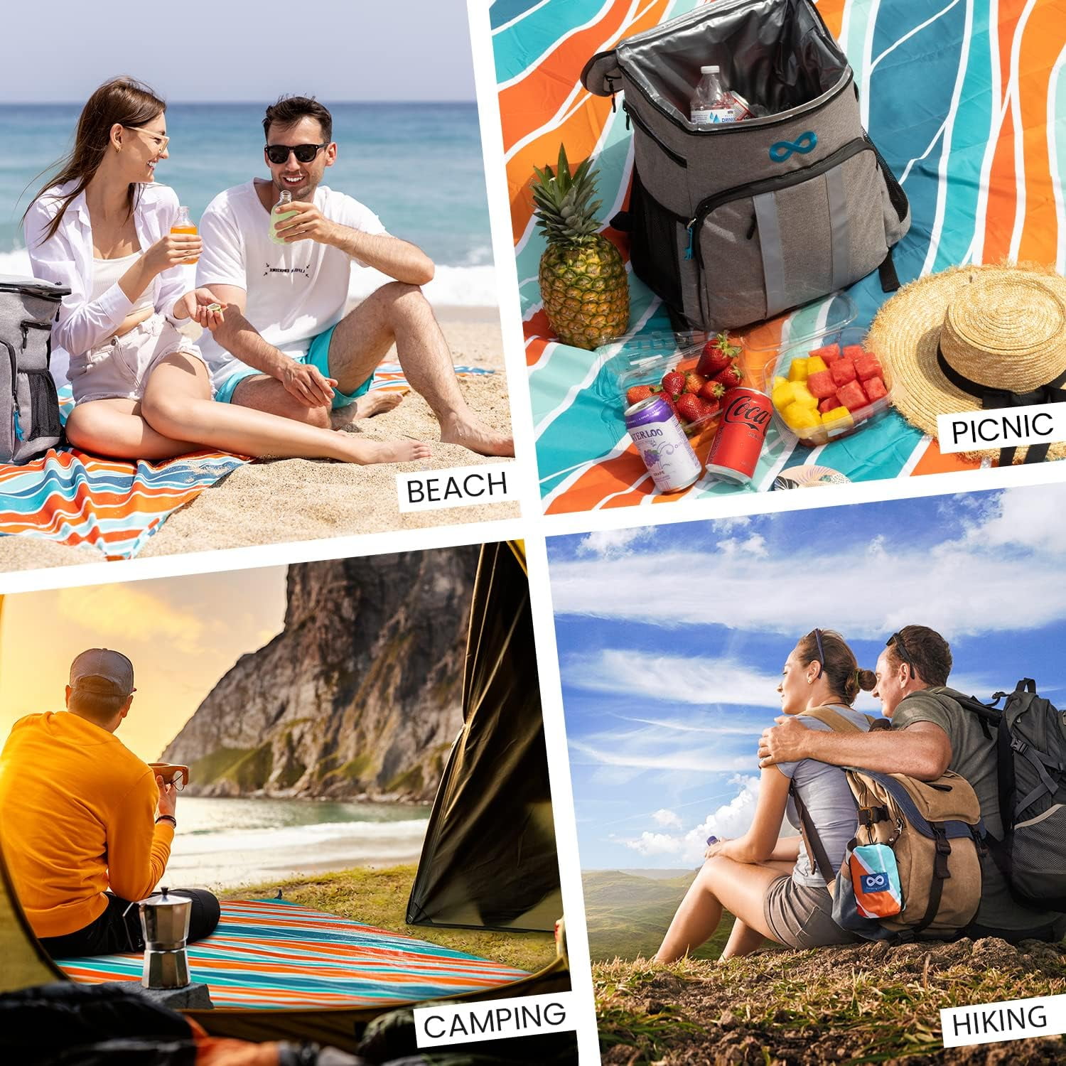 Everlasting Comfort Oversized 4-Person Beach Blanket – Large Outdoor Sandproof Mat, Tulum Orange, Portable with Carry Bag