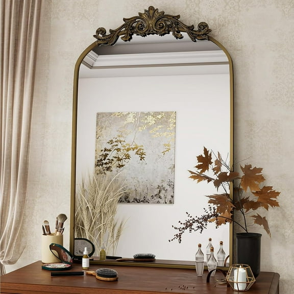 Mirrasia 36.1"x 24" Vintage Mirror Decorative Mirror Arched Baroque Mirror Hanging,Antique Gold