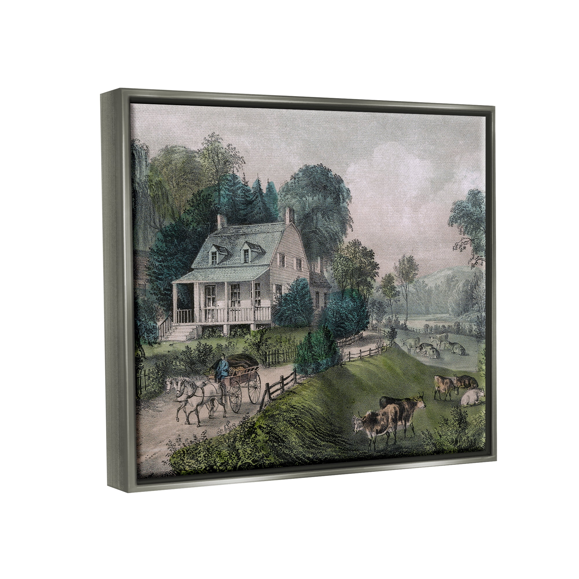 Stupell Industries Classic Countryside House Painting Roaming Farm Animals Painting Luster Gray Floating Framed Canvas Print Wall Art, Design by Daphne Polselli