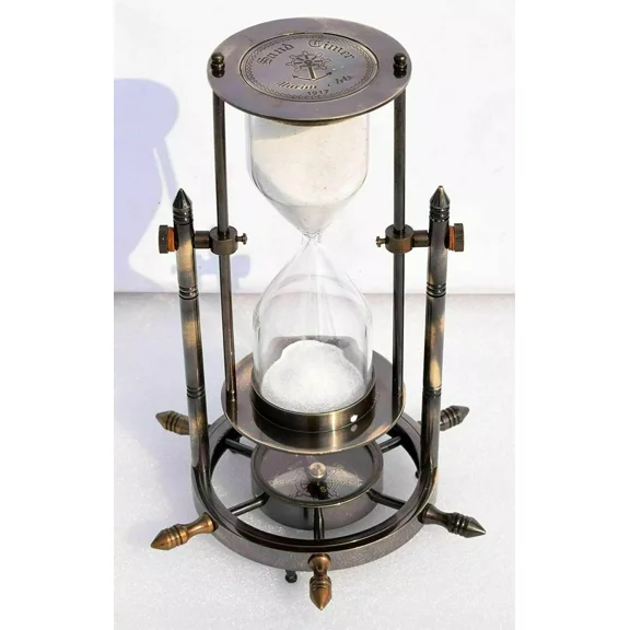 Vintage Brass Sand Timer Hourglass with Wheel Compass Base & Hanging Collectible