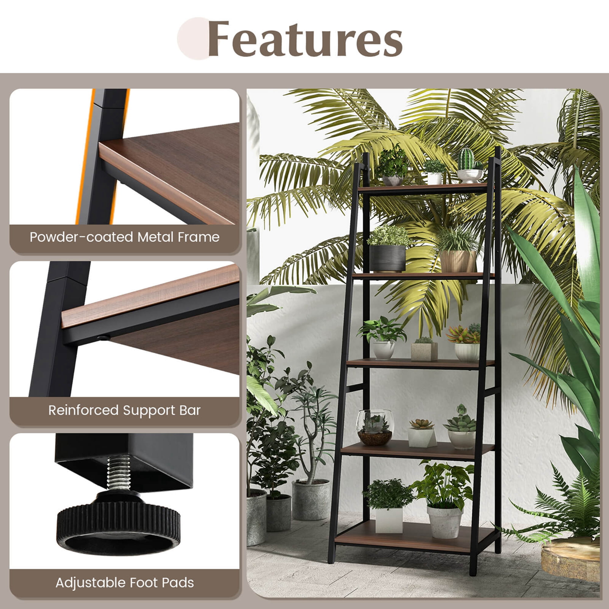 Costway Industrial Ladder Shelf Rustic 5 Tier Leaning Bookshelf Wood Metal Bookcase