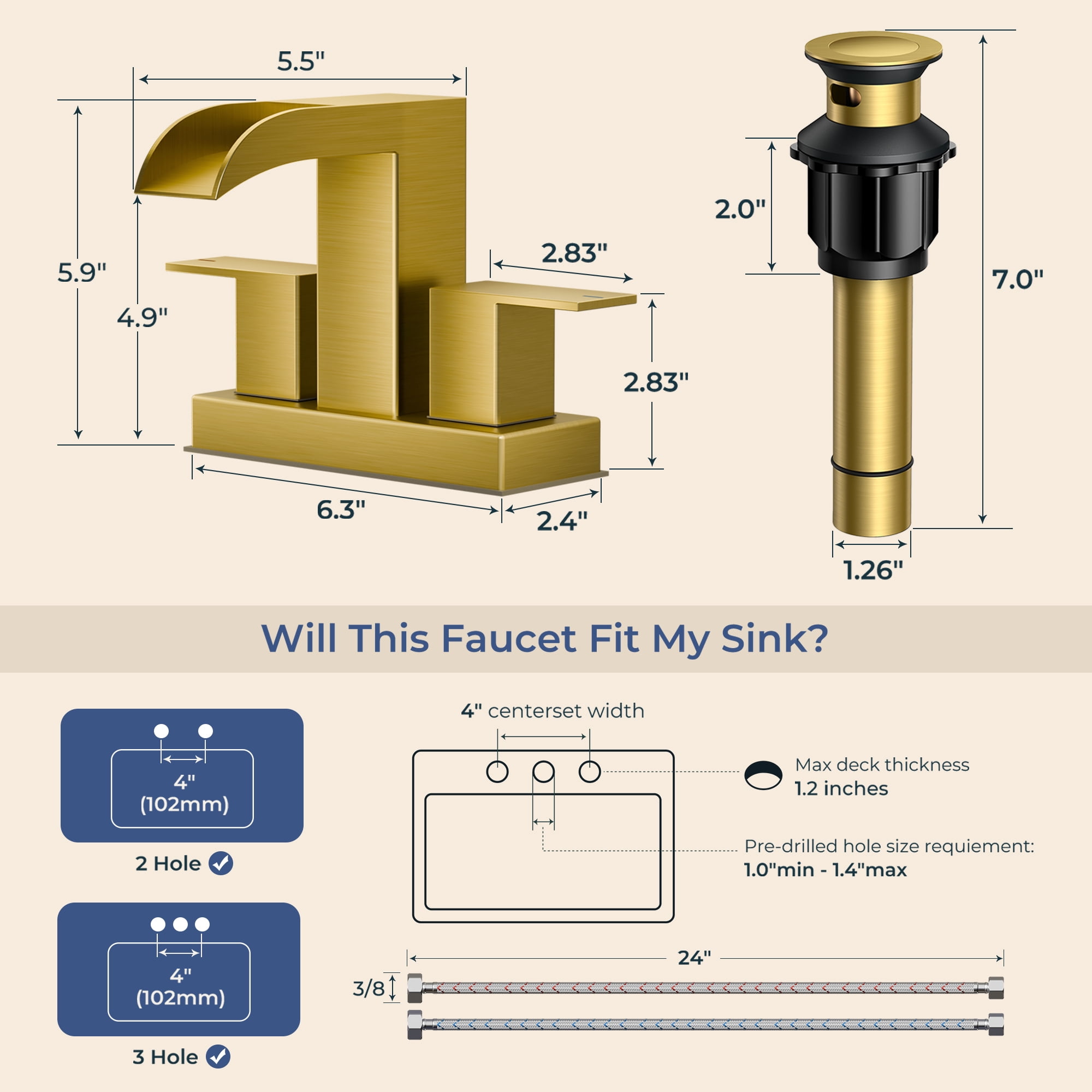 TVOFEK 4 inch Waterfall Bathroom Faucet 3 or 2 Hole, Brushed Gold Centerset Sink Faucets with Metal Pop-up Drain for Vanity Lavatory Basin RV