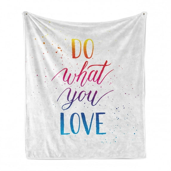 Saying Soft Flannel Fleece Throw Blanket, Pattern of Do What You Love Gradient Typography Plain Background, Cozy Plush for Indoor and Outdoor Use, 70" x 90", Marigold Hot Pink and Blue, by Ambesonne