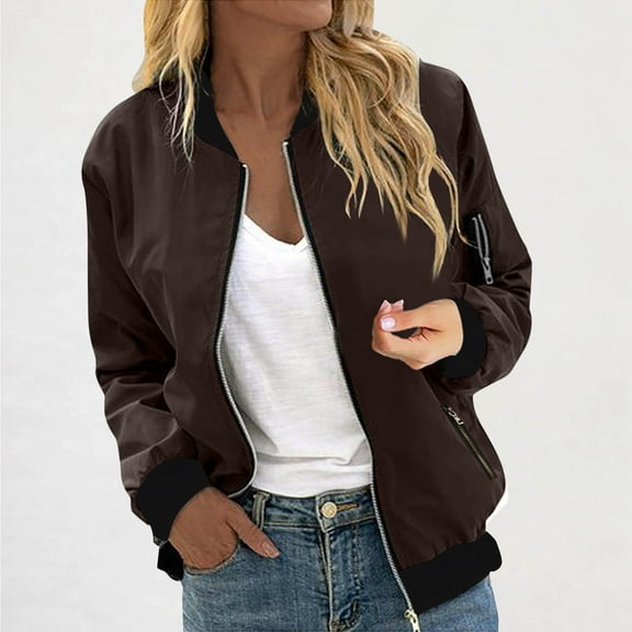 BLTIBY Womens Bomber Jacket Fall Trendy Casual Zip Up Coat Lightweight Fashion Cropped Stand Collar Outfits with Zip Pockets Brown L