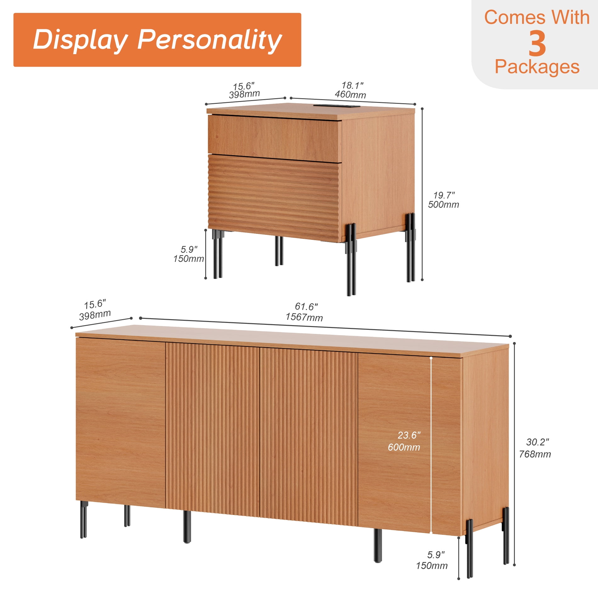3-Piece Reeded Bedroom Set, Modern Minimalist Nightstand and Dresser Set, Oak Wooden Chest With Hidden Handles For Bedroom, Living Room