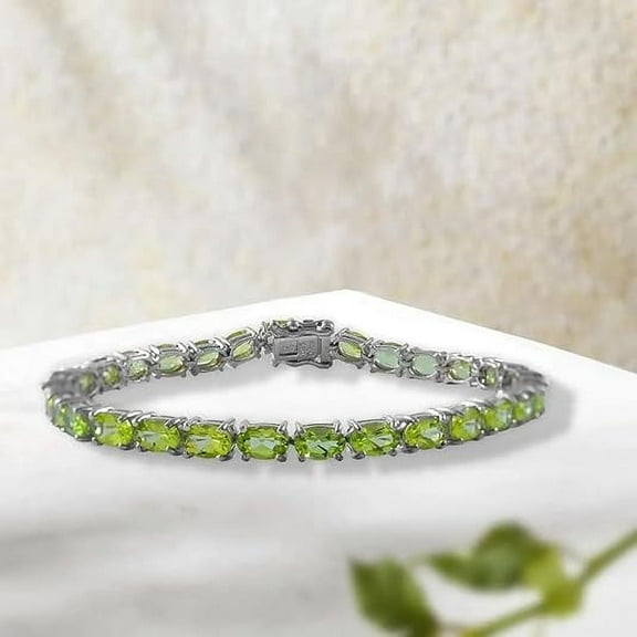 Women's Lab Created 4mm Peridot Tennis Bracelet, Sterling Silver, 8.25 inches, Oval Cut Gemstones