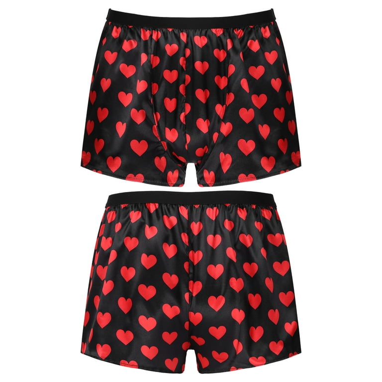 YONGHS Men's Silky Satin Boxers Shorts Underwear Sports Panties Swimwear  M-3XL A Heart Black XXL