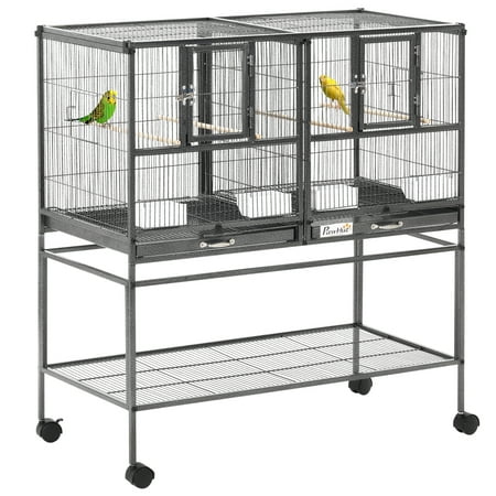 UPC: 0842525197137 | Pawhut Large Double Rolling Metal Bird Cage House with Removable Metal Tray Storage Shelf Wood Perch Food Container