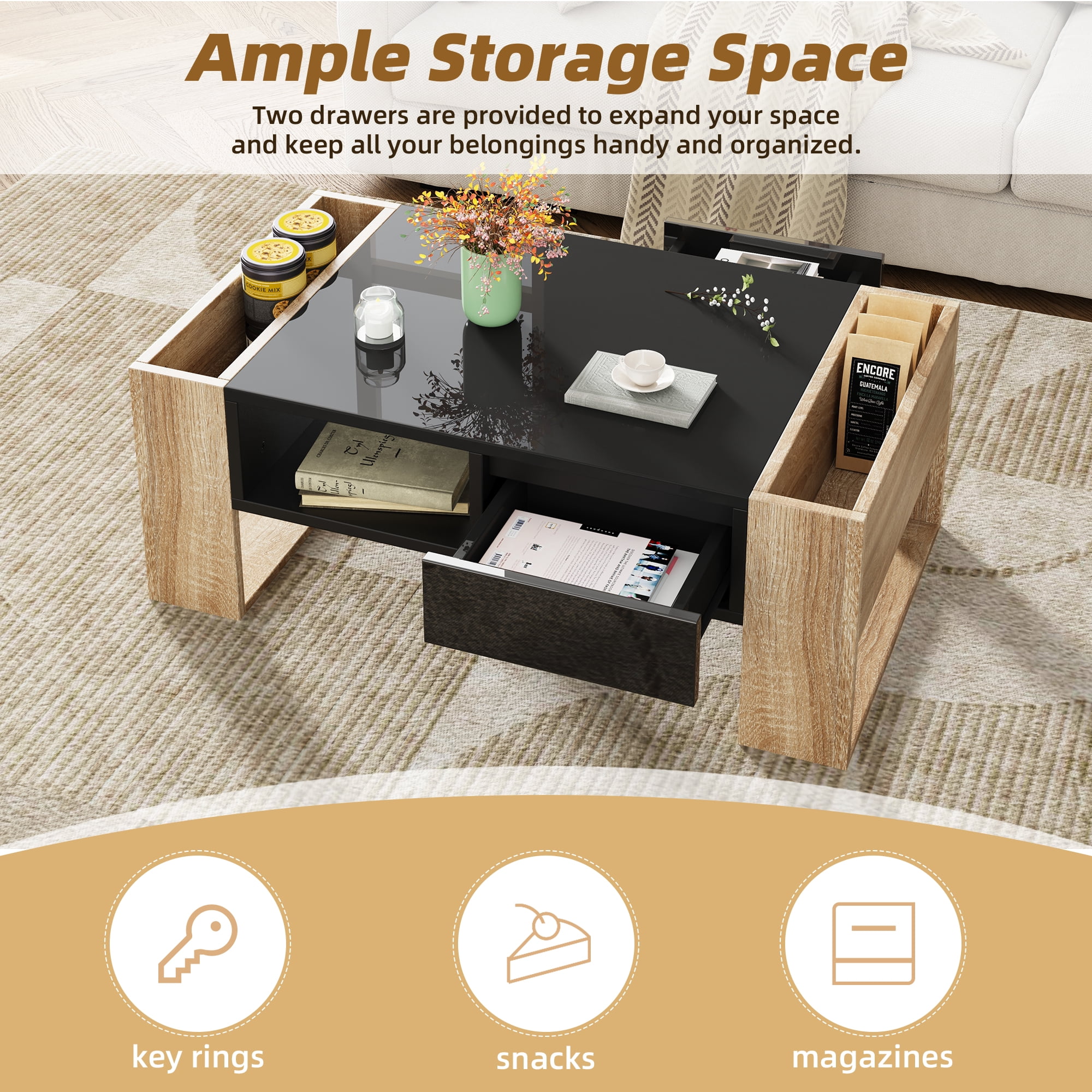 Euroco High Glossy Coffee Table with 2 Drawers, Practical Two Tone Center Table with Hidden Compartments, Rectangle Cocktail Table with Open Storage Shelf for Living Room, Bedroom