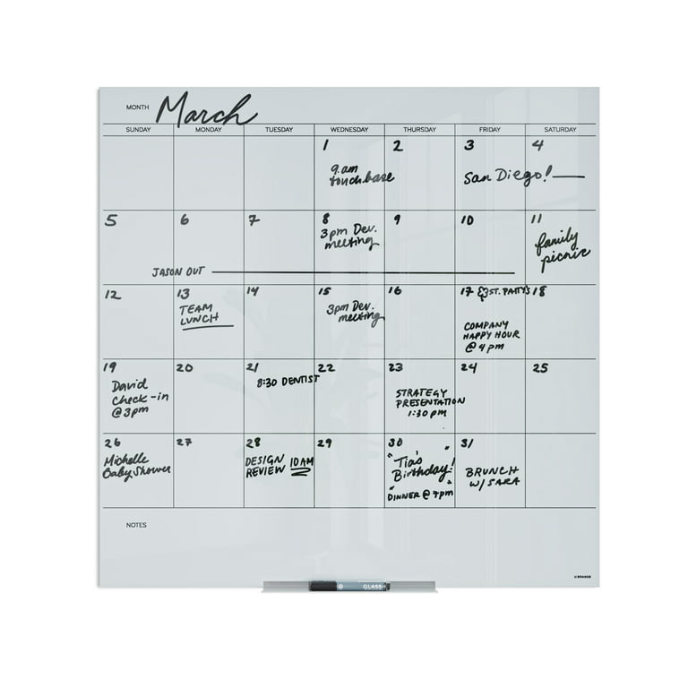 U Brands Floating Glass Dry-Erase Monthly Calendar Board, 36 x 36 Inches, White Frosted Surface, Frameless