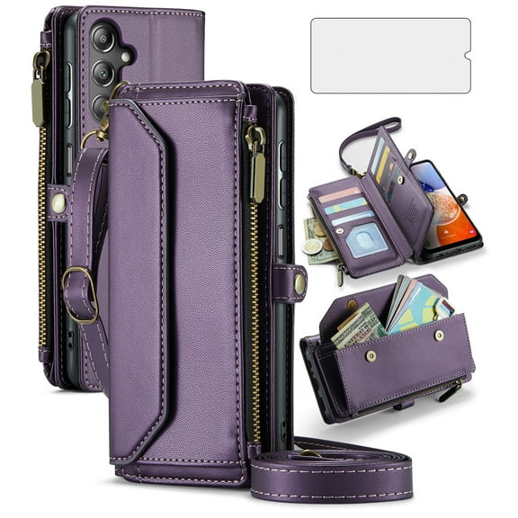 Asuwish Compatible with Samsung Galaxy A55 5G Zipper Wallet Phone Case Tempered Glass Screen Protector Crossbody Lanyard Strap Flip Card Holder Slot Cell Cover for A 55 55A A555G Women Girls Purple