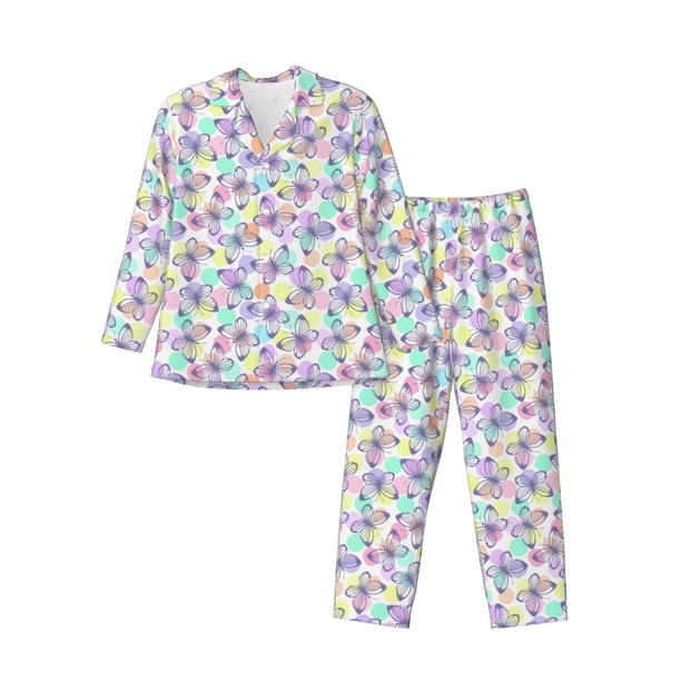 Fotbe Butterflies on Polka Dots Pijama de Hombre con Estampado de Manga Larga, Conjunto de 2 Piezas, Ropa de Dormir Suave y Cómoda con Bolsillos-X-Large