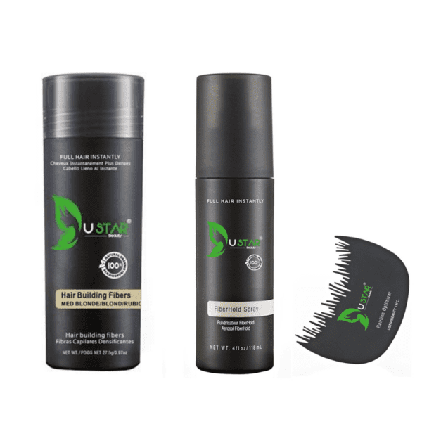 USTAR Hair Building Fibers 0.97oz / 27.5g 3 in 1 Pack(HAIR FIBERS, COMB, HOLD SPRAY)