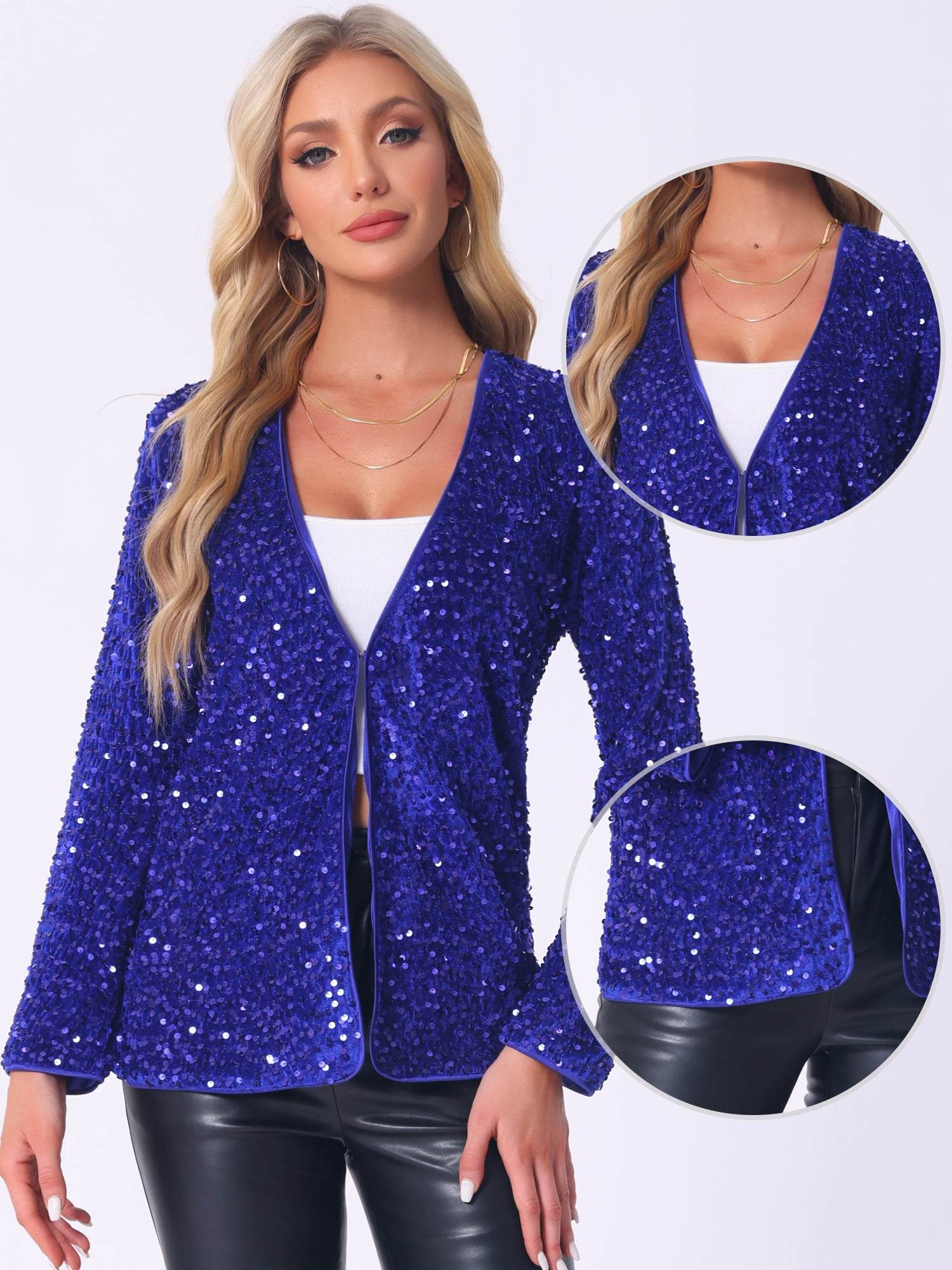 DARING DIVA Sequin Blazer Jacket Sparkly Open Front Cardigan S Blue