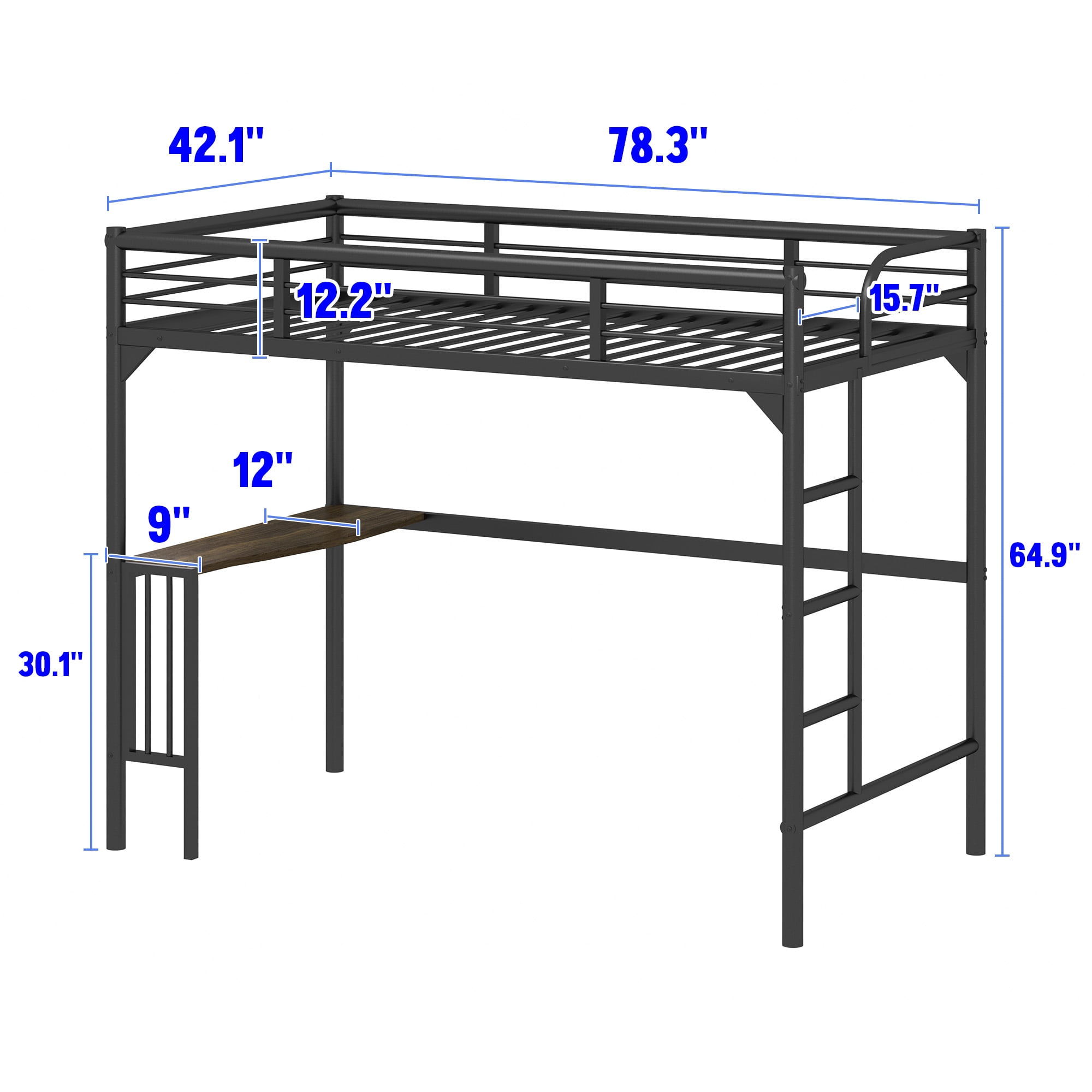 Aukfa Twin Loft Bed with Desk for Kids, Teens, Dorm, Heavy Duty Metal Bed Frame - Black