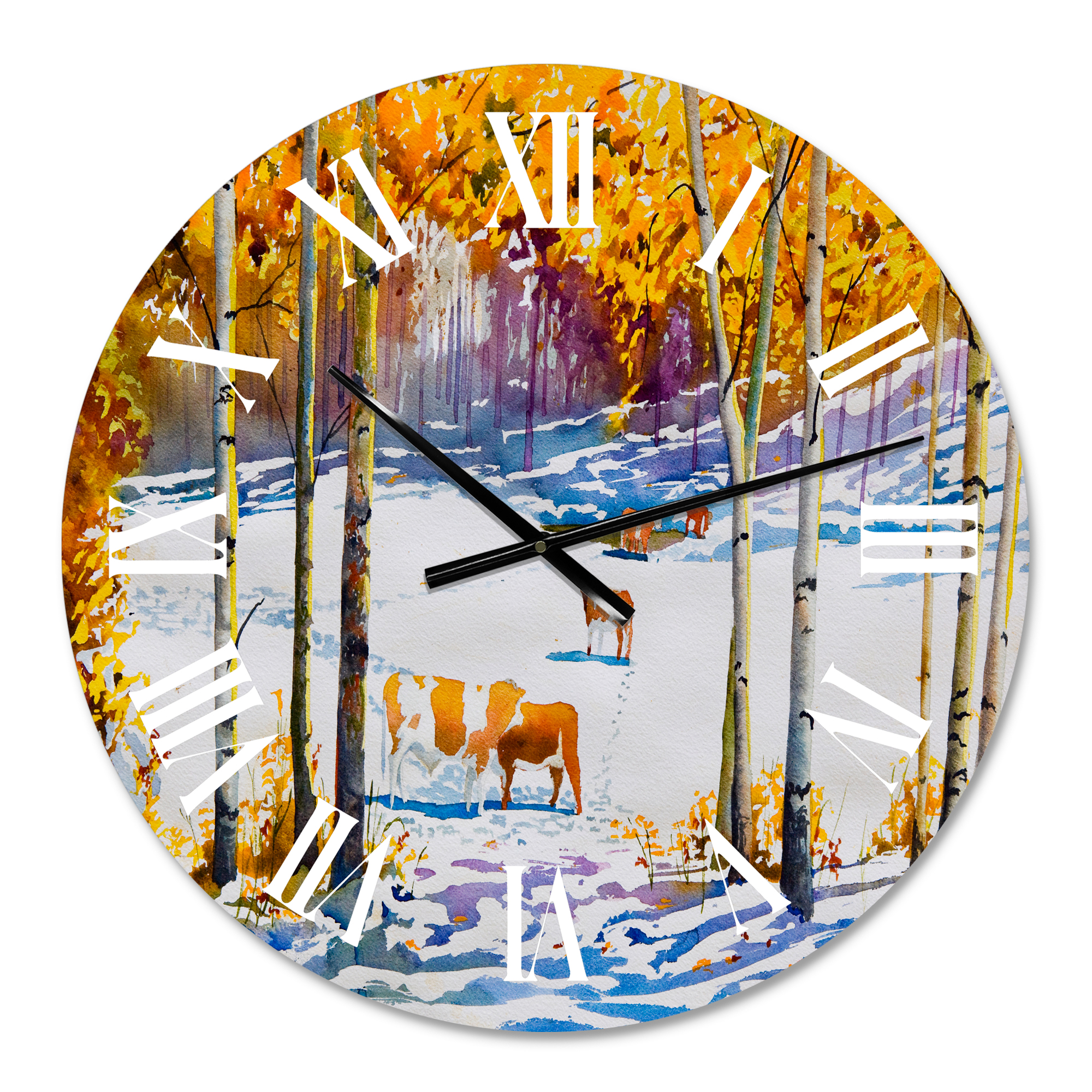 Designart 'Cattle In The Early Snow In The Forest' Farmhouse Wall Clock