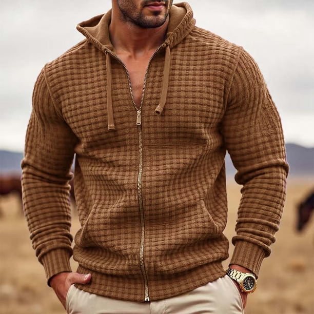 Dolkfu Sudadera con capucha de cremallera completa para hombre, sudadera de waffle de color sólido, tops jacquard para hombres XL