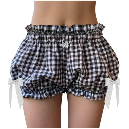 JGGSPWM Women s Y2K Style Gingham Bloomers Cute Low Waist Plaid Sleep Shorts Ruffle Pajama Bottoms Black S