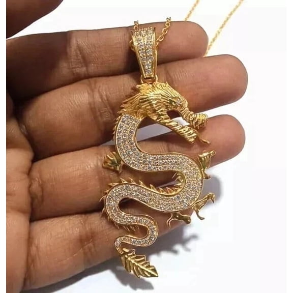3Ct Men's Dragon Charm Diamond Pendant Lab-Created 14k Yellow Gold Plated Round Cut