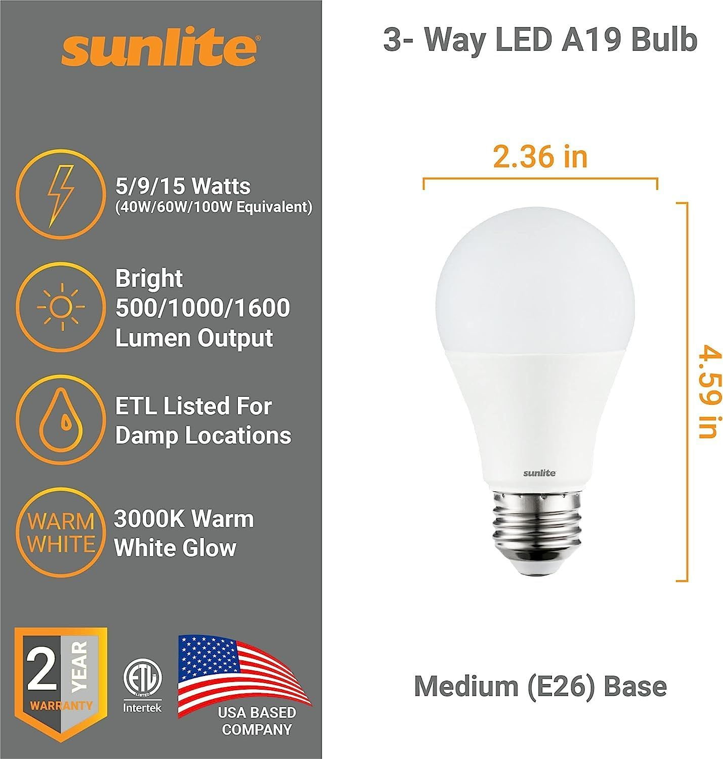 Sunlite 3-Way LED A19 Light Bulb, 5/9/15 Watts (40W 60W 100W Equivalent), Medium E26 Base, Non-Dimmable,ETL Listed, 3000K Warm White, 6-Pack
