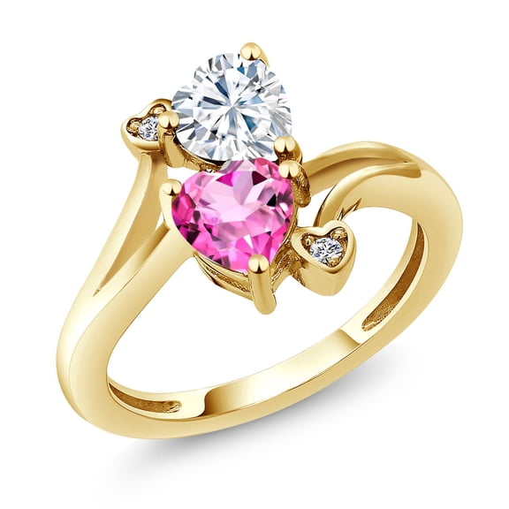 Gem Stone King 18K Yellow Gold Plated Silver White Moissanite Pink Mystic Topaz and White Diamond Ring for Women (1.78 Cttw, Heart Shape 6MM, Gemstone Birthstone, Size 6)