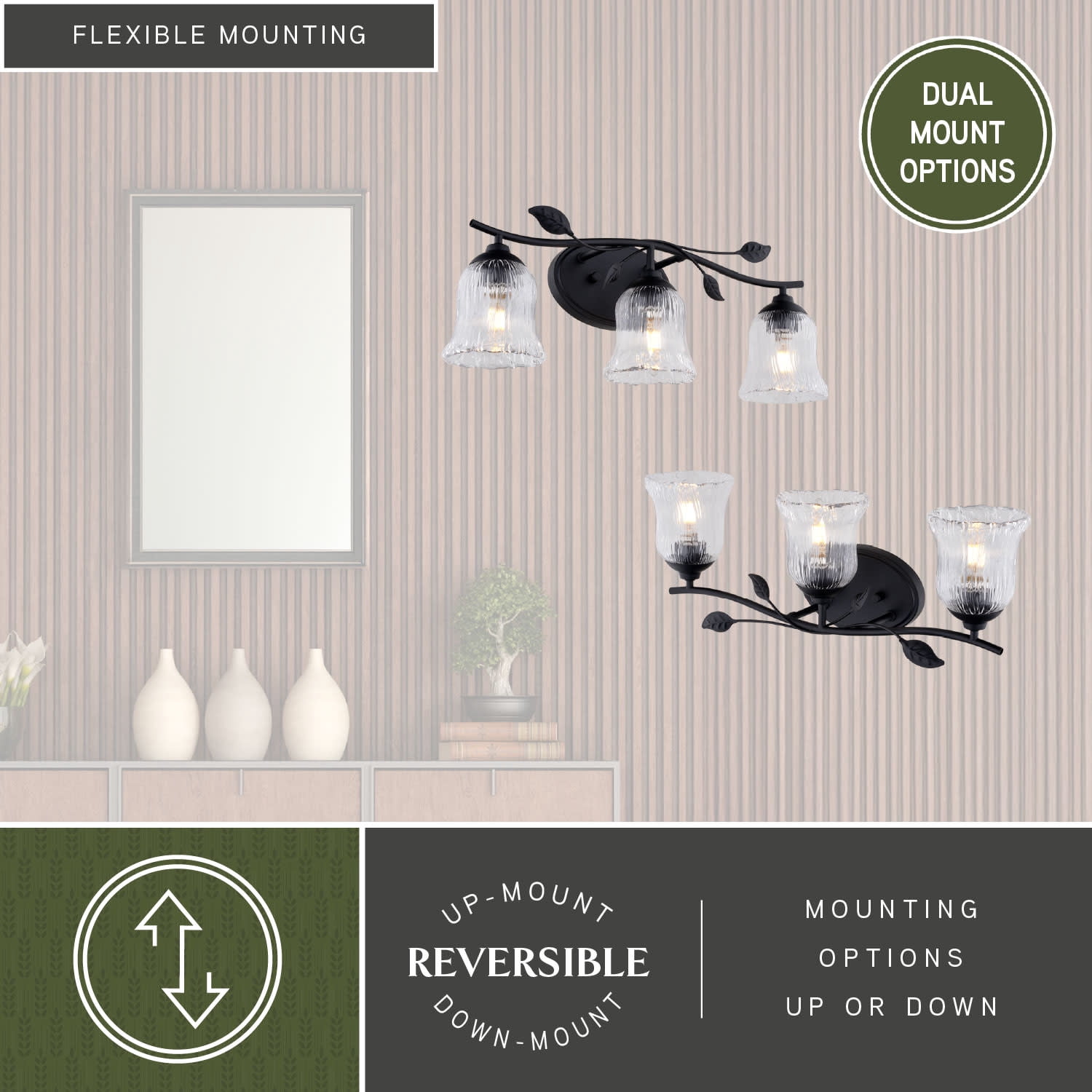 Fairwood 3-Light 21 in. Wide Matte Black Rustic Bathroom Vanity Lighting Fixture, Clear Ribbed Glass Shade, Dimmable, LED Compatible, Over the Mirror Mounted Metal Wall Sconce, Branch and Leaf Motif