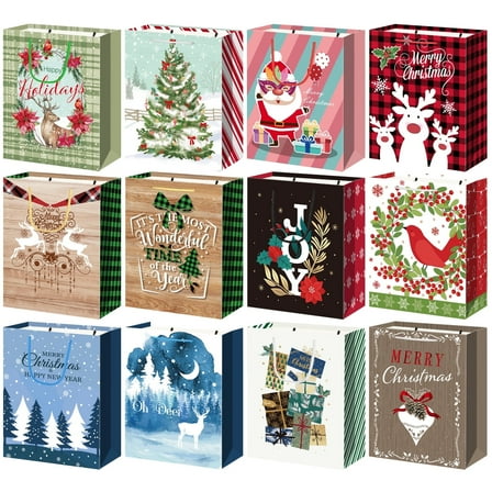 12 Pack Medium Christmas Bags Multipack, Christmas Bags for Presents, Xmas Paper Bags with 12 Unique Designs for Party Favour, Xmas Decoration