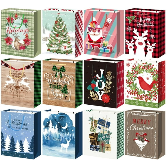 12 Pack Medium Christmas Bags Multipack, Christmas Bags for Presents, Xmas Paper Bags with 12 Unique Designs for Party Favour, Xmas Decoration