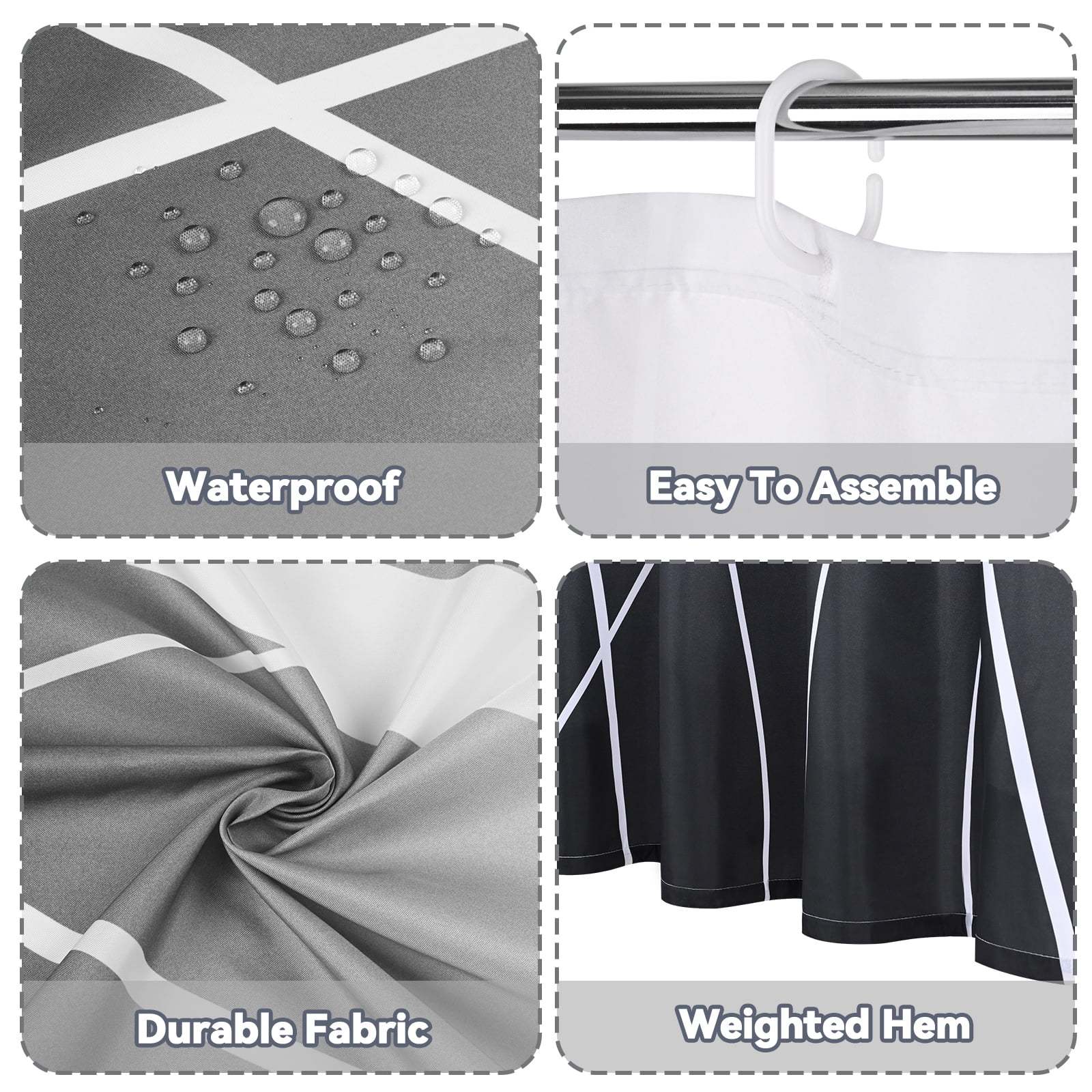 FRAMICS 15-Piece Ombre Black Shower Curtain Sets with Rugs, Waterproof Fabric Striped Gradient Bathroom Sets, 72" x 72"
