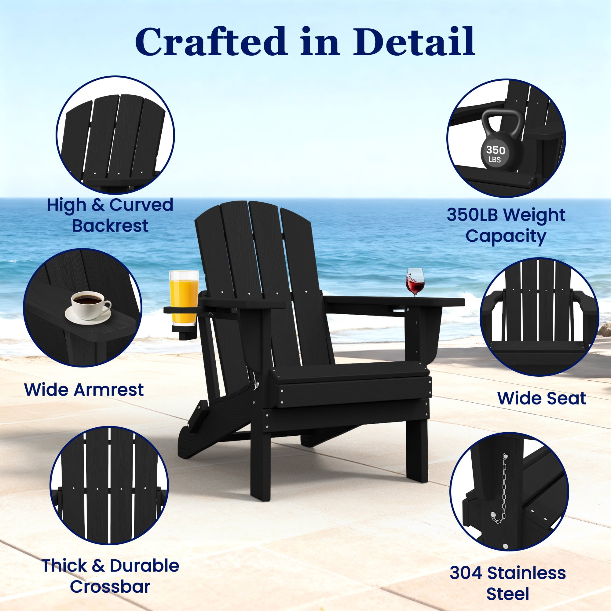 SERWALL Folding Adirondack Chair Set with Dual Cup Holders & Phone Holder, All-Weather HDPE Fire Pit Chairs for Outdoor, Patio, Poolside, Garden - Black