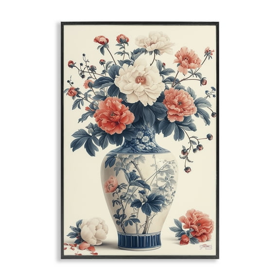 Stupell Industries Vintage Eastern Vase Botanical & Floral Painting Black Framed Art Print Wall Art, 12 x 18