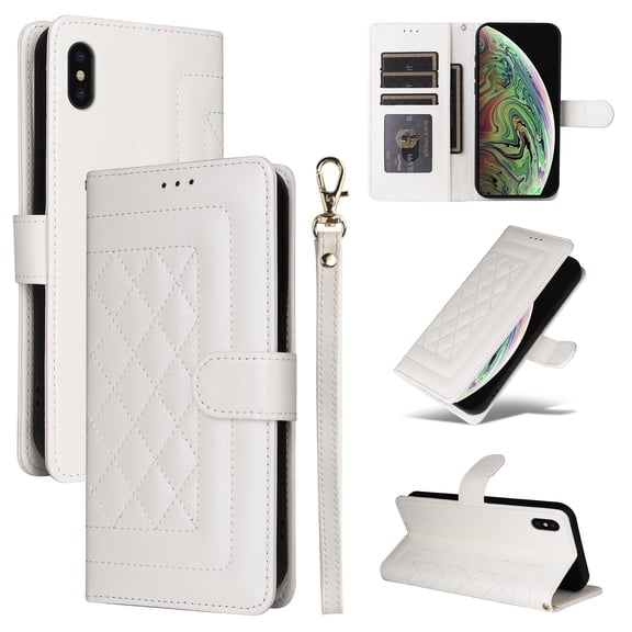 Compatible with iPhone XS / X Case, Premium Leather iPhone XS / X Wallet Book Case Magnetic Flip RFID Blocking Credit Card Holder Kickstand with Wrist Strap Shock Absorbing Case, White