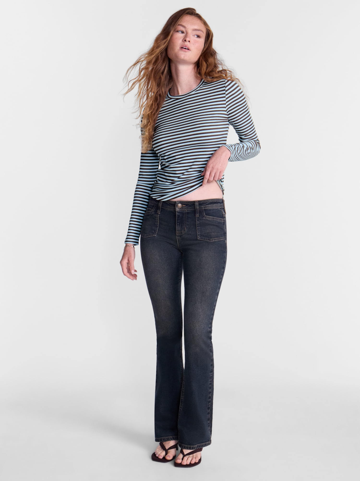 No Boundaries Ribbed Crewneck Tee with Long Sleeves, Women's and Women's Plus XXS-4X