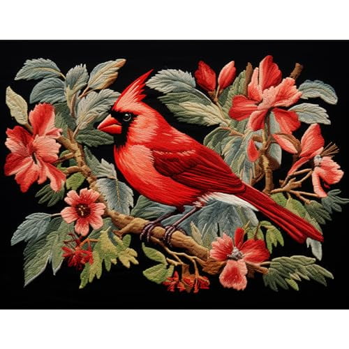 Red Cardinal Flowers Latch Hook Rectangle Rug Kits for Adults Needle Crochet Yarn Embroidery Carpet Hook and Latch Kit Floor Mat Tapestry Christmas Home Decoration 52x38cm