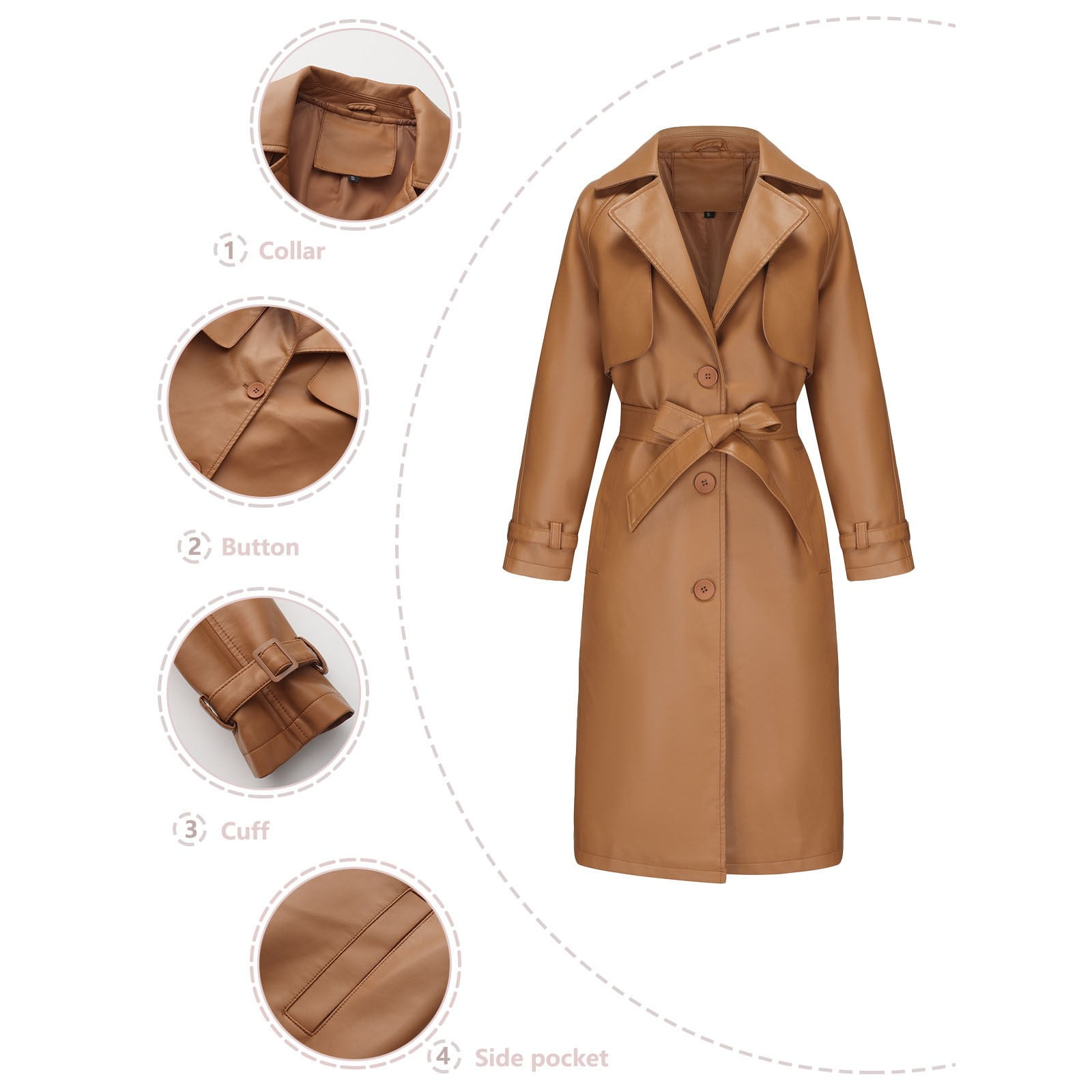 UTSJKR Women's Faux Leather Trench Coat 2024 Fall Winter Long Sleeve Belted Overcoat Trendy Loose Fit Lapel Button Down Jacket Brown XL