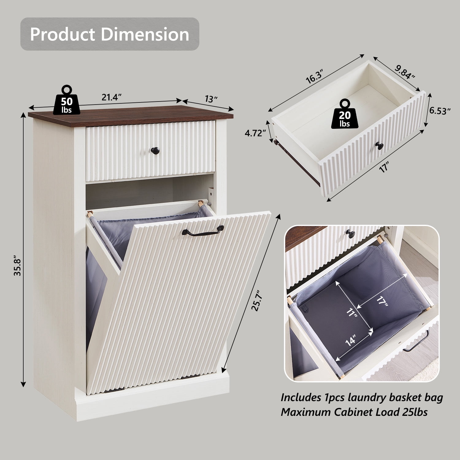 10 Gallon Tilt-Out Trash Can Cabinet, Modern Laundry Hamper Cabinet with Drawers, Hidden Garbage Can Cabinet for Kitchen and Living Room
