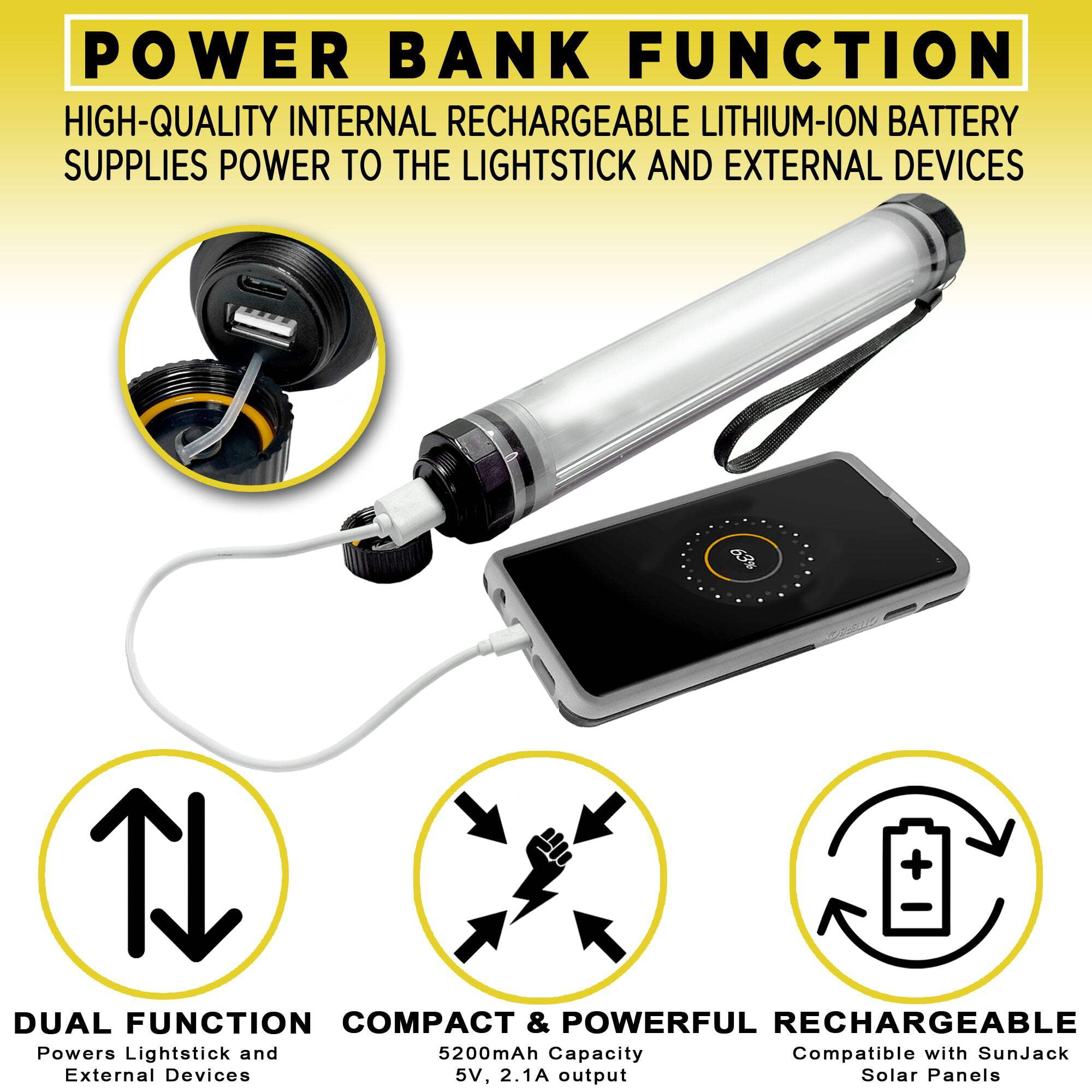 SunJack LightStick Waterproof LED Flashlight & Rechargeable Power Bank for Outdoor Activities 0.7 lb
