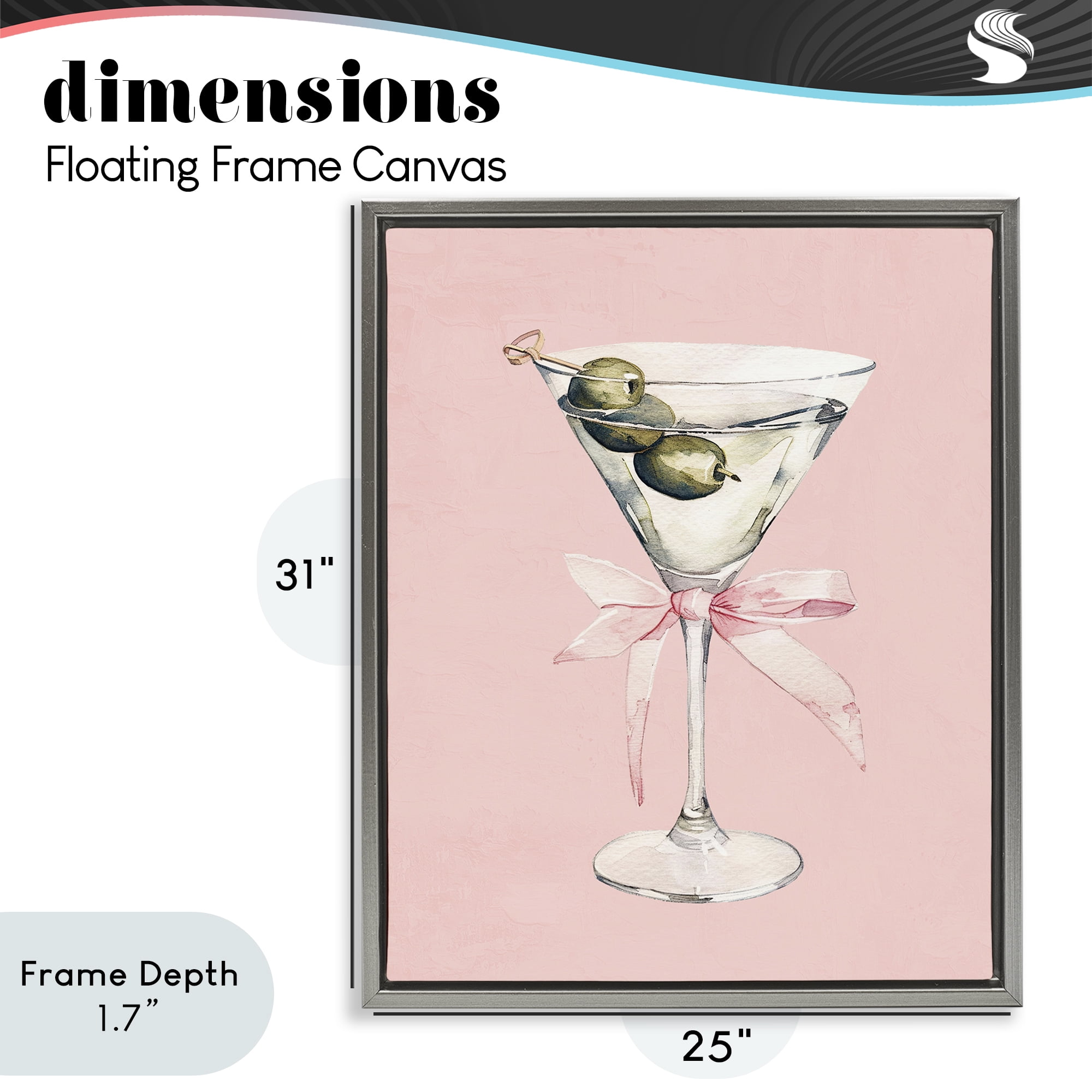 Stupell Industries Martini with Pink Bow Gray Framed Floater Canvas Wall Art, design by Kim Allen