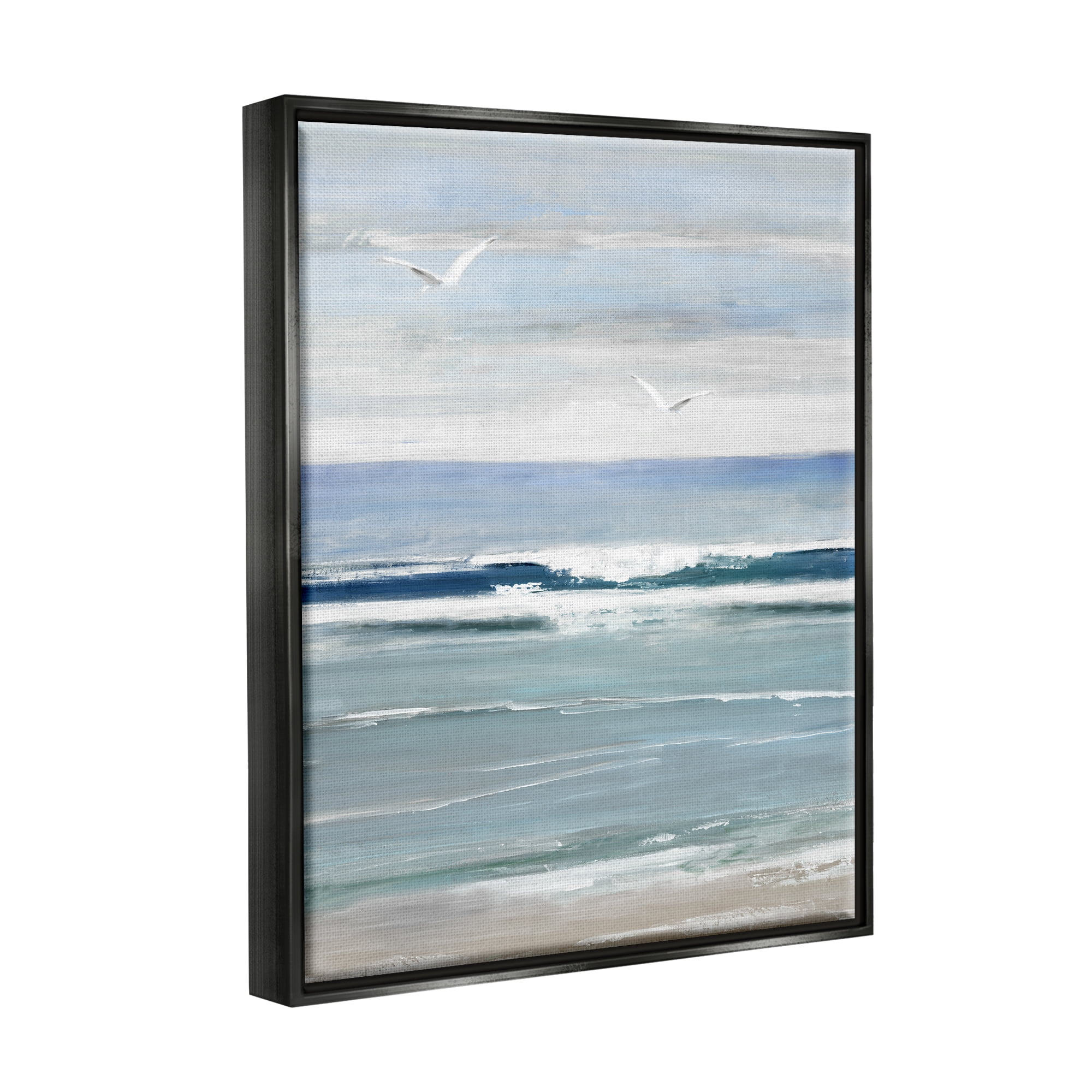 Stupell Industries Rolling Waves & Seagulls Nature Painting Black Floater Framed Canvas Art Print Wall Art, 25 x 31