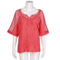 thumbnail image 5 of safuny Women's Trendy Plus Size Cotton Linen Tops Solid Clothing Trendy Tees Summer Lace Crochet Splicing Elegant Short Sleeve Shirts Sale V Neck Pullover Watermelon Red S, 5 of 9