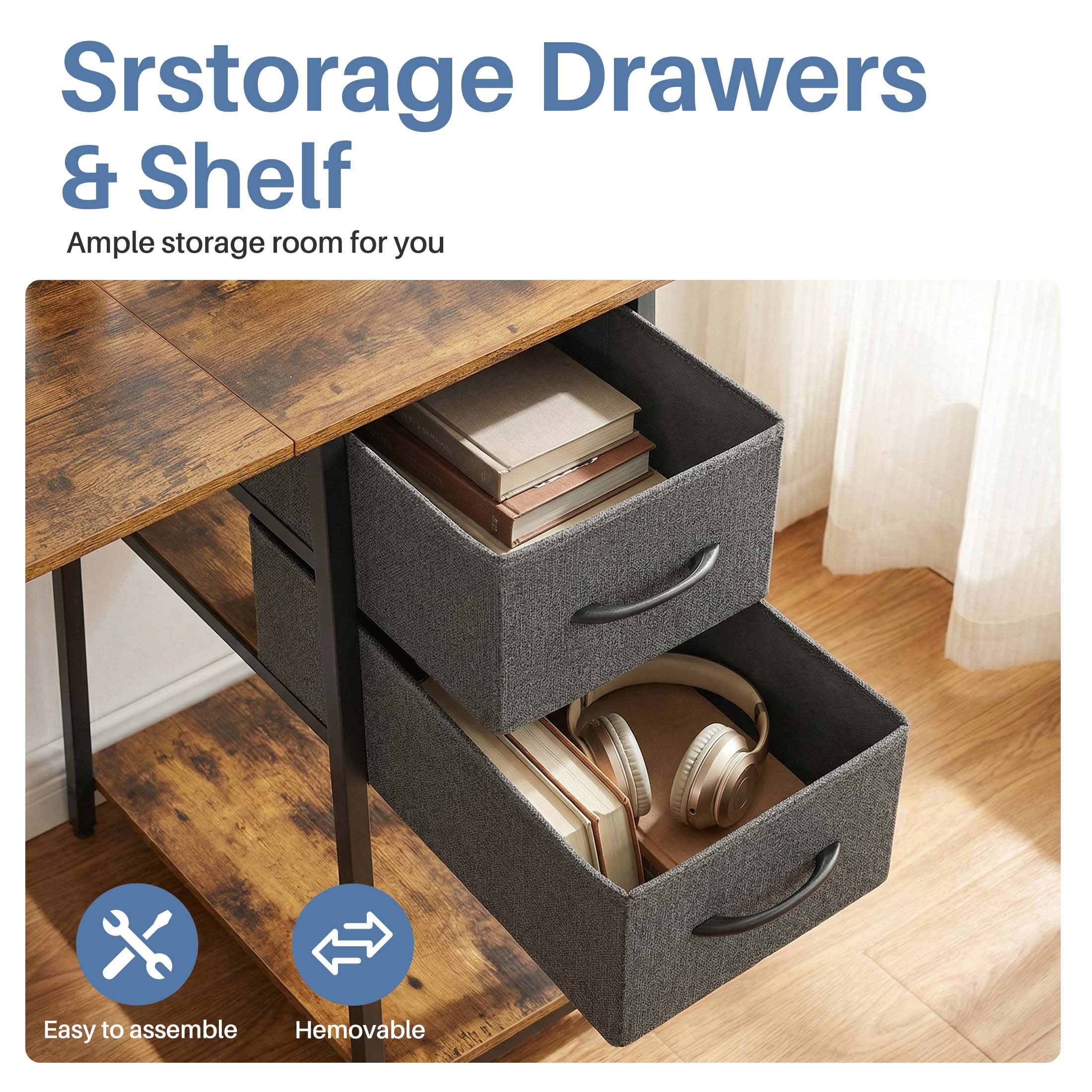 CONCETTA 47in Small Computer Desk with 2 Drawers, Writing Work Study Computer Desk, Side Headphone Hook, Modern Style for Home Bedroom, Rust Brown