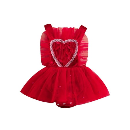 

0-24M Valentines Days Baby Girls Sweet Romper Dress Sleeveless Off Shoulder Ruffle Heart Mesh Lace Jumpsuit