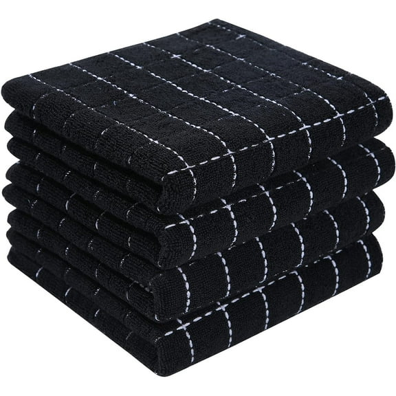 Black Cotton Terry Kitchen Towels Set of 4, 13 x 28 Inch Checkered Dish Towels for Kitchen Cleaning, Dish Drying and Daily Use