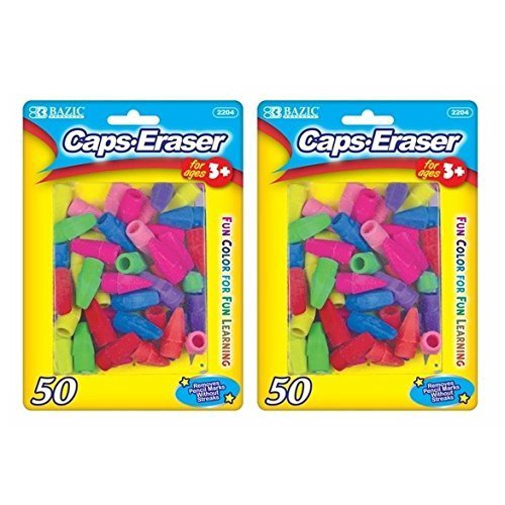 2 Pk, Bazic Caps Eraser Assorted Colors, 50 Per Pack / Total of 100