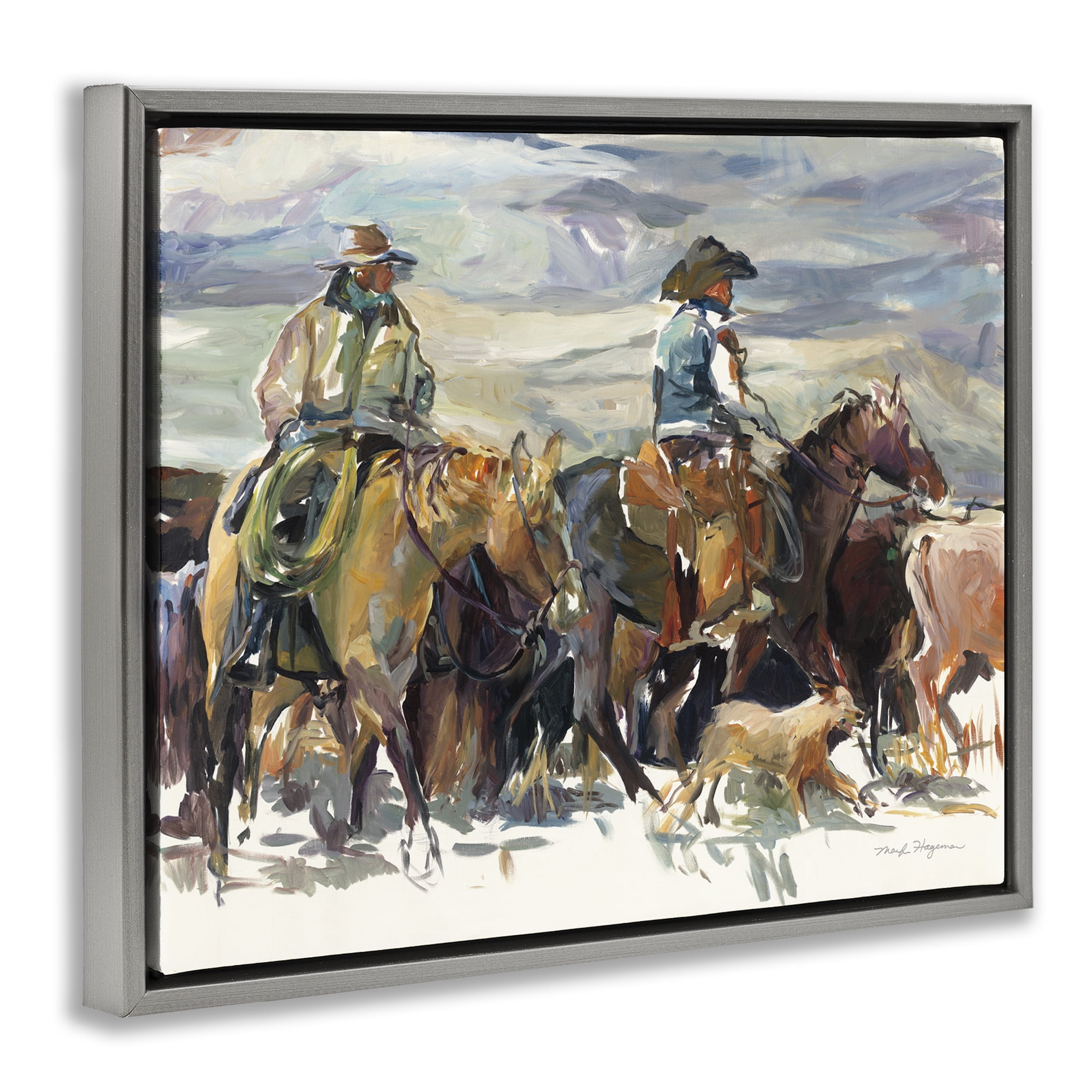 Stupell Industries The Roundup Western Painting Animals Painting Gray Floater Framed Canvas Art Print Wall Art, 21 x 17