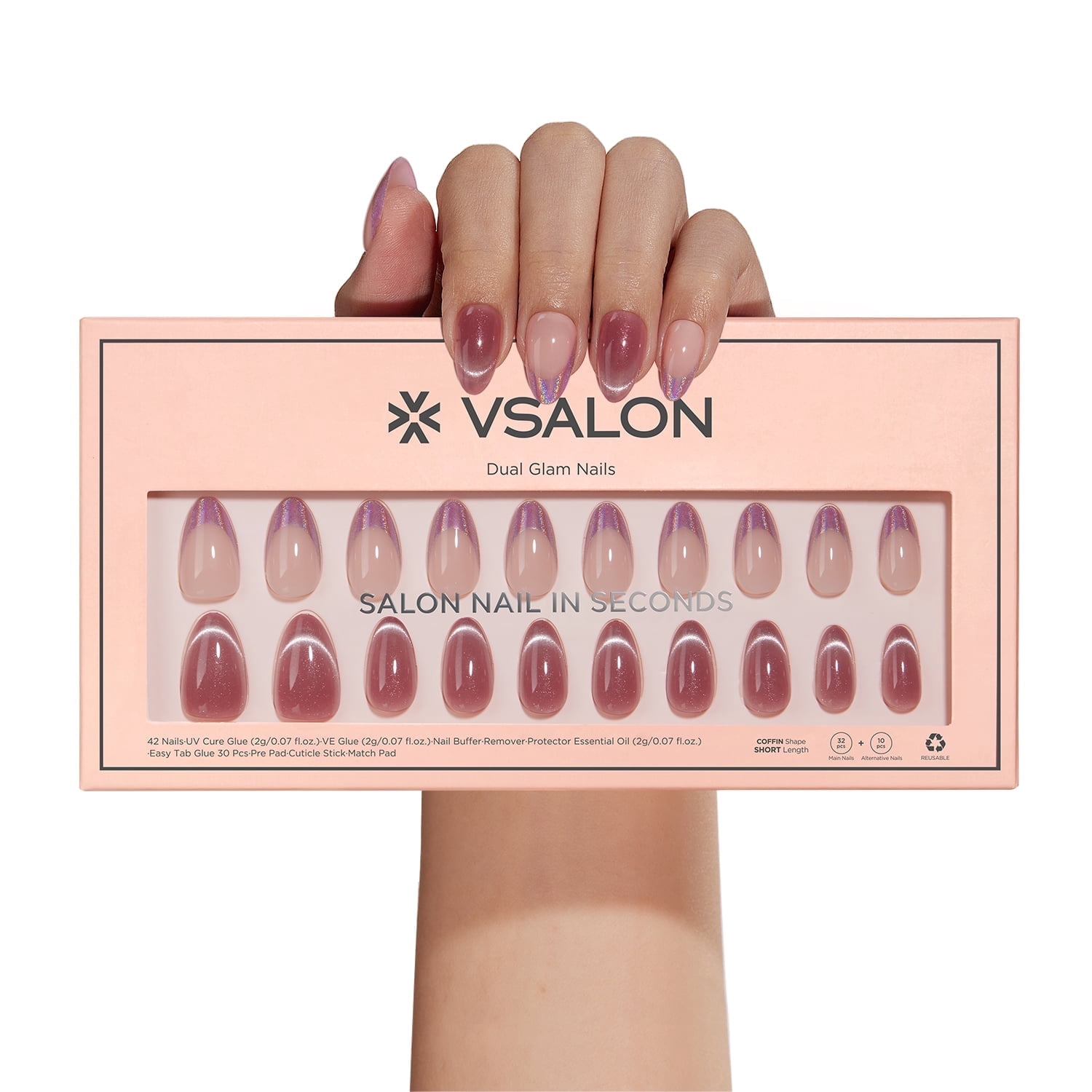 VSALON Short Almond Press-On Nails, 42 Count (Pack of 1), French Tip & Cat Eye, Cream Finish, Plastic, 16 Sizes & 10 Alternative Nails, UV Glue, Easy Tabs, Remover (Rose Sweetheart)