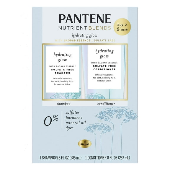 Pantene Shampoo and Conditioner Hydrating Glow, Sulfate-free with Baobab Essence, 9.6 fl oz 8 fl oz