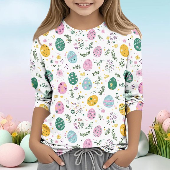 Xdegoge Kids Girls Easter Shirts Small Painted Eggs Leaves Print Long Sleeve Crewneck Spring Holiday Festival Outfits Casual Daily Wear School Activewear Tops