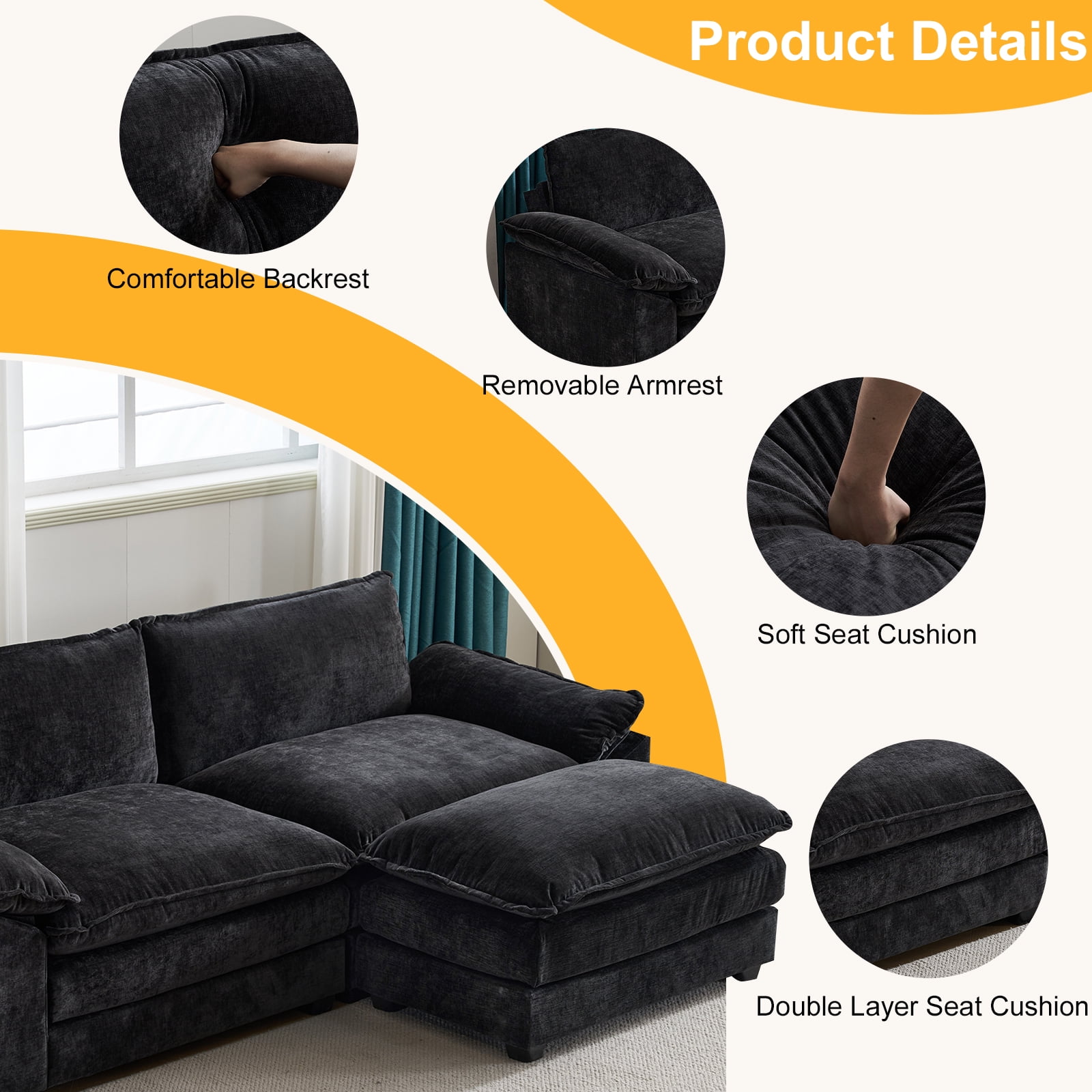 Ktaxon Sectional Sofa L Shaped Couch with Chaise Living Room Sleeper Set, 2 Seats with Chenille and Double Layer Cushions 86" W Black